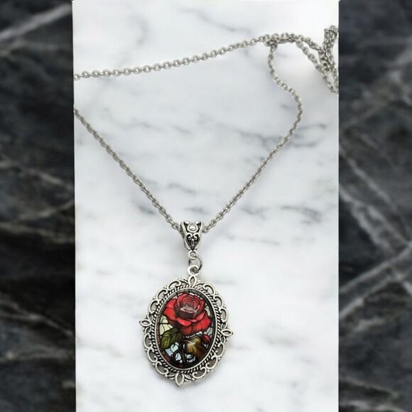 Mosaic Red Rose Portrait Cabochon Silver Glass Dome Victorian Goth Necklace - Picture 7 of 8